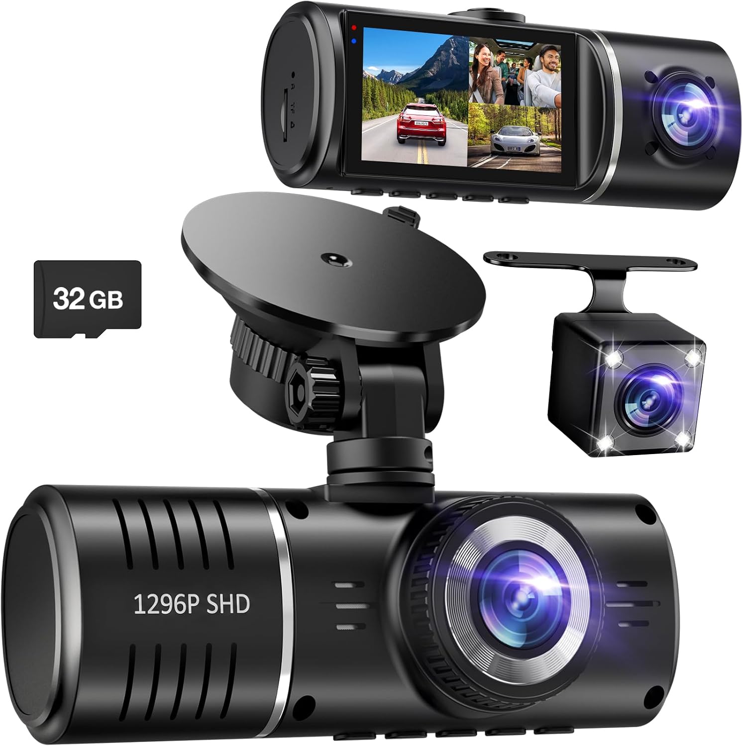 Budget three-channel dash cam with front, rear, and inside cameras