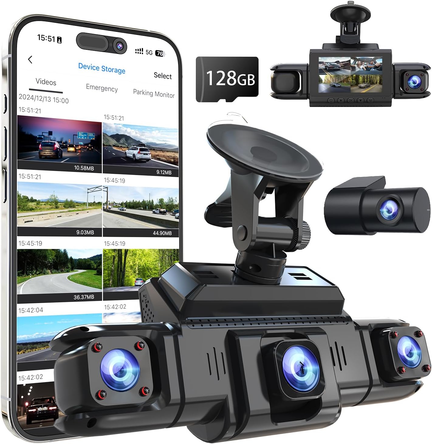 360 View 4 Channel Dash Cam Front and Rear Left Right Inside Camera for Cars, GPS and 5G Band WiFi, Night Vision, 160 Wide Angle, WDR, 24H Parking Mode, Supercapacitor, Included 128GB Card