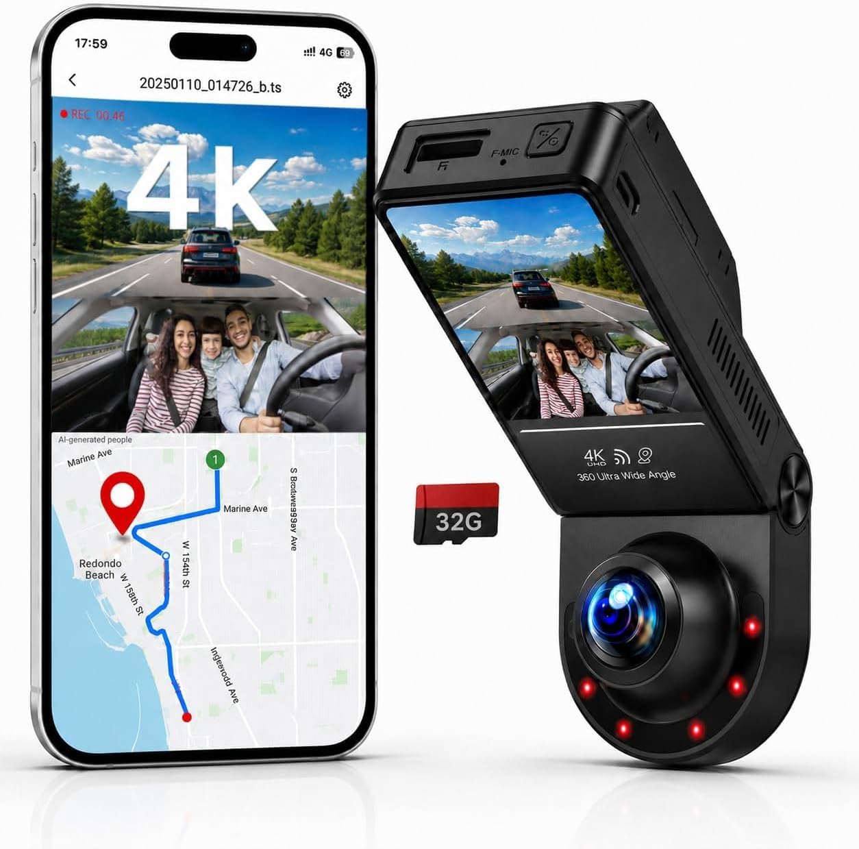 360° Dash Cam Front and Inside 4K+2.5K, 2 Channel Dashcam for Car